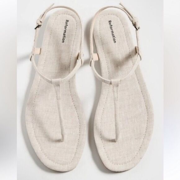 Reformation Cream Linen Thea T-Strap Women's Sandals - Picture 6 of 10